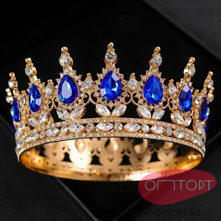 Корона на торт, золото (15 см, Синие камни)
